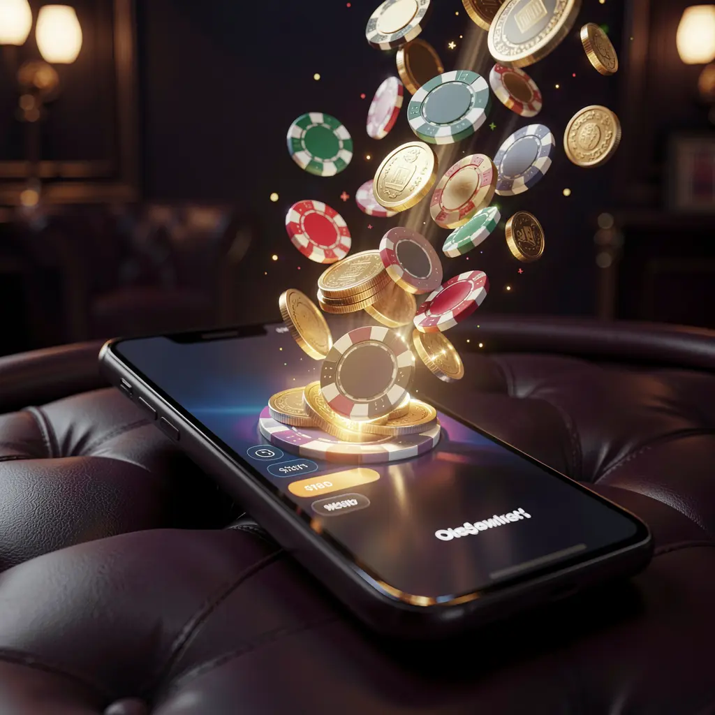 GL 666 online gaming app displayed on a glowing smartphone screen with casino chips and coins emerging, set against a luxury dark background with cinematic lighting in a high detail 3D render