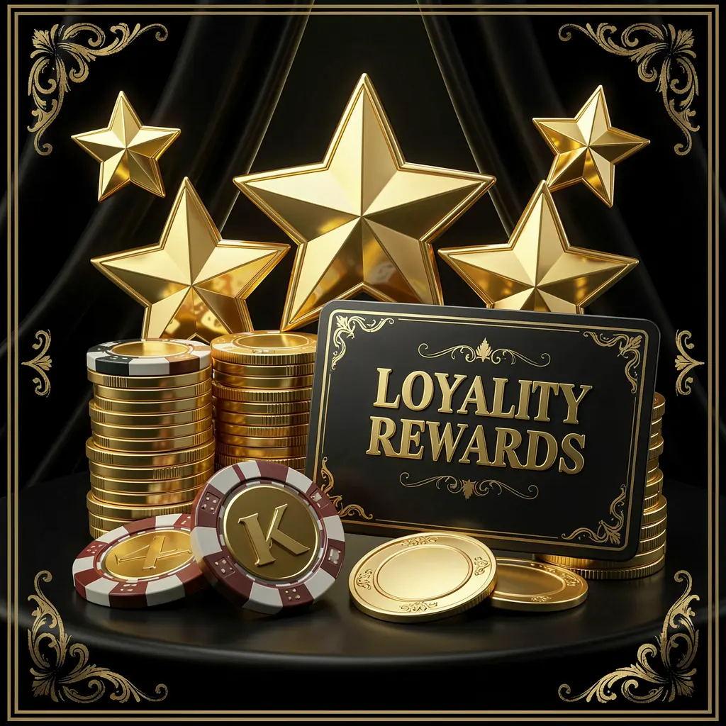 GL 666 loyalty rewards casino image featuring golden stars, poker chips, coins, and a luxury reward card against an elegant black and gold background in a realistic 3D render