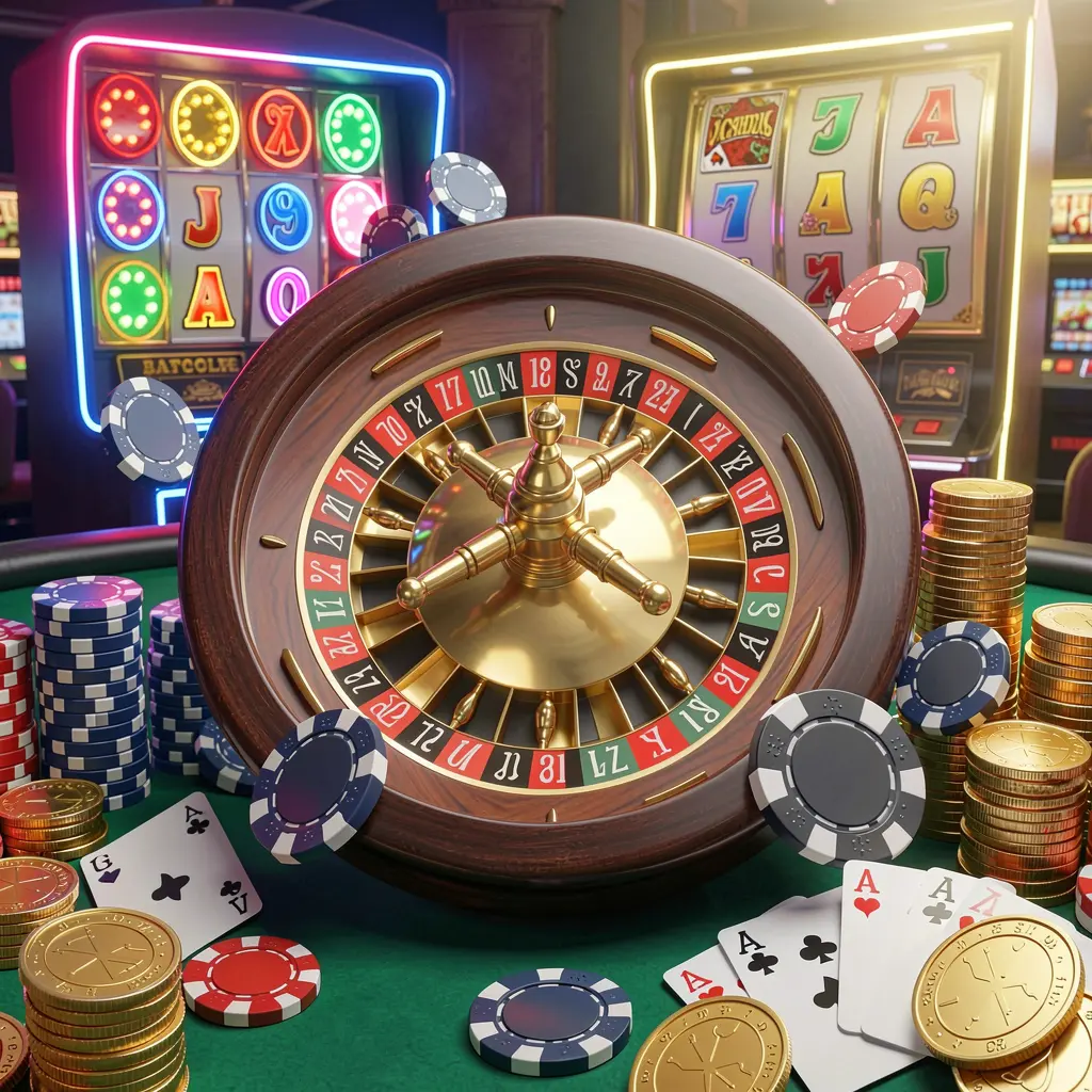 GL 666 casino homepage visual featuring a realistic 3D render of a roulette wheel, poker chips, playing cards, golden coins, and bright neon jackpot lights in a dynamic composition promoting responsible gaming
